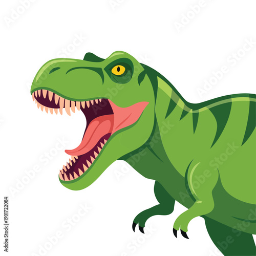 Tyrannosaurus rex cartoon vector, roaring green dinosaur mascot for kids birthday, museum poster, nursery wall art, jurassic adventure design