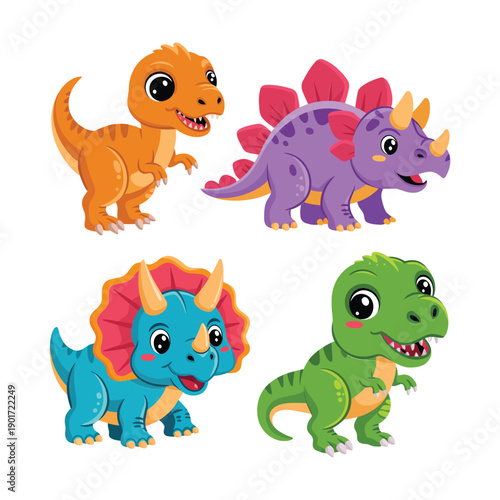 Colorful baby dinosaur group vector, stegosaur, triceratops, raptor, friendly characters for dinosaur day festival poster, birthday invitation, sticker pack.