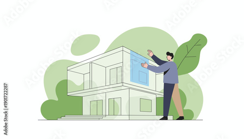 Architect designing a modern house blueprint on white background.