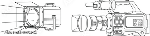 Professional video camera and studio spotlight equipment illustrating filmmaking broadcasting production technology vector illustration outline design