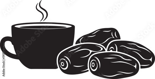 Islamic night scene with mosque, crescent moons, prayer, iftar meal, lanterns, clock, and gift box