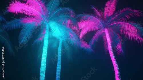 Vibrant neon palm trees illuminated in pink and blue against a dark background, creating a tropical and energetic atmosphere for summer vibes
