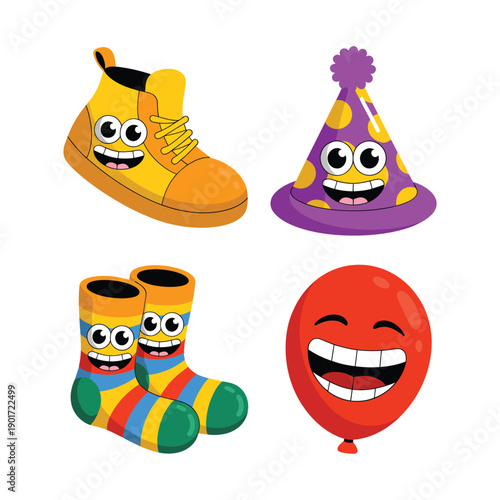 Carnival accessories vector set with boots, wizard hat, red smile balloon, striped socks, costume day poster, playful celebration graphics