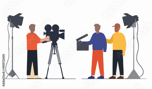 Movie Production Flat Vector Illustration with Film Crew Camera and Clapboard