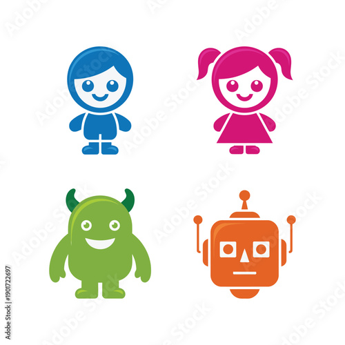 Kids and monster icons set, boy girl silhouettes with alien and robot, comic convention kids zone session graphics vector