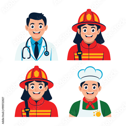 Healthcare worker, firefighter, and chef portraits, occupation vector set for career fair poster, school counseling, vocational education design resources