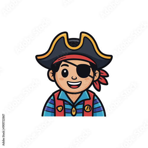 Smiling pirate boy mascot head, childrens adventure logo for birthday invitation, pirate party badge, kids apparel, sticker design graphic