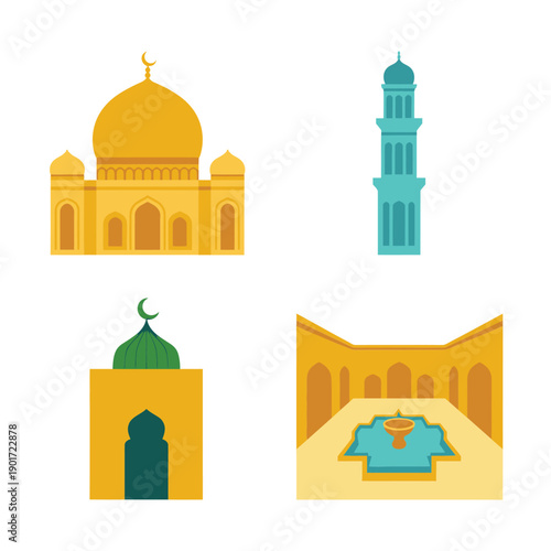 Mosque dome and minaret icon set with courtyard gate, islamic architecture graphics for ramadan poster, cultural travel, heritage learning design