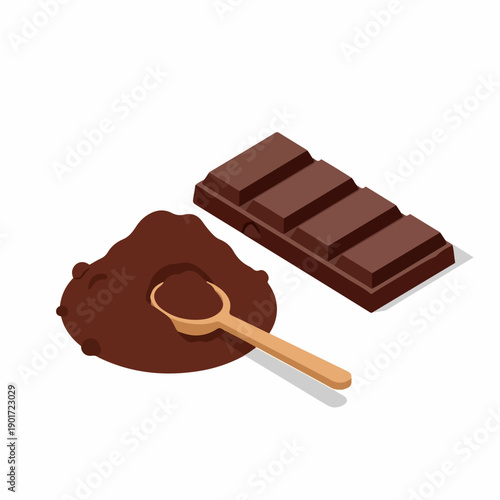 Isometric Detailed Chocolate Bar And Powder with Wooden Spoon Food Illustration