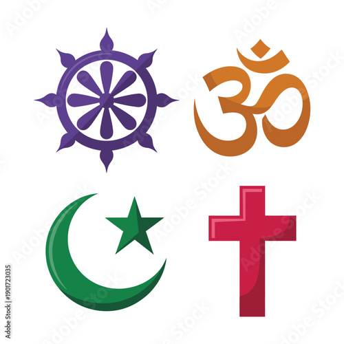 Religion symbols vector set with dharma wheel, om sign, crescent star, cross, interfaith harmony poster, spiritual awareness month graphics