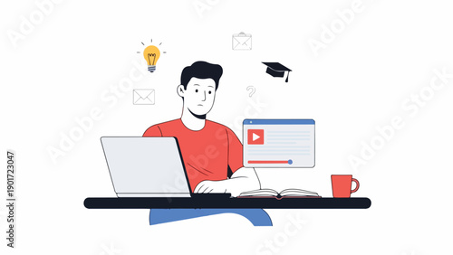 A man sits at a desk with a laptop and thinks about education