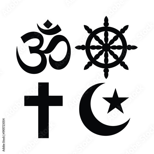 Religion symbols vector set with om sign, dharma wheel, crescent star, cross, interfaith harmony poster, spiritual awareness graphics, cultural icons
