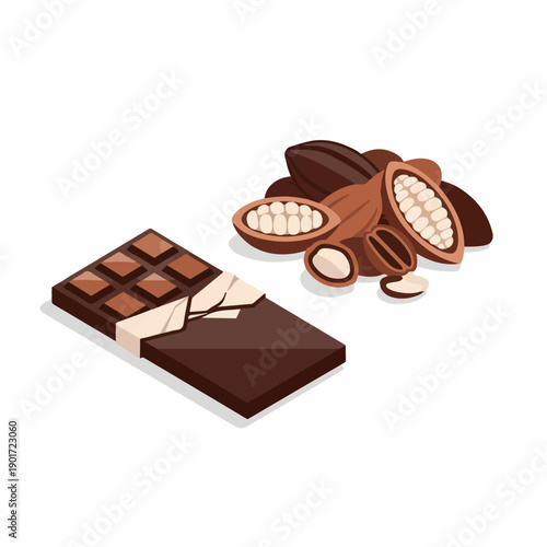 Isometric Style Delicious Chocolate Bar and Cacao Beans Illustration Design