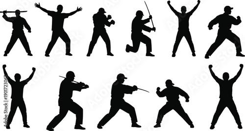 Silhouette set of people practicing martial arts with swords and fighting poses, warrior training icons for combat sport, action vector illustration isolated