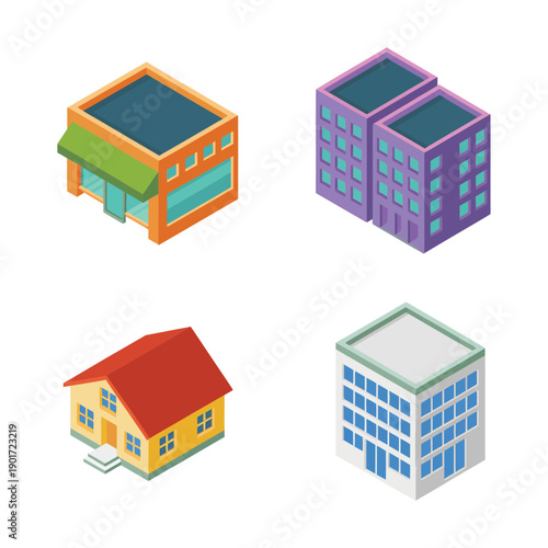 Property buildings vector set with storefront, residential house, apartment block, office tower, estate fair poster, construction expo, city map icons
