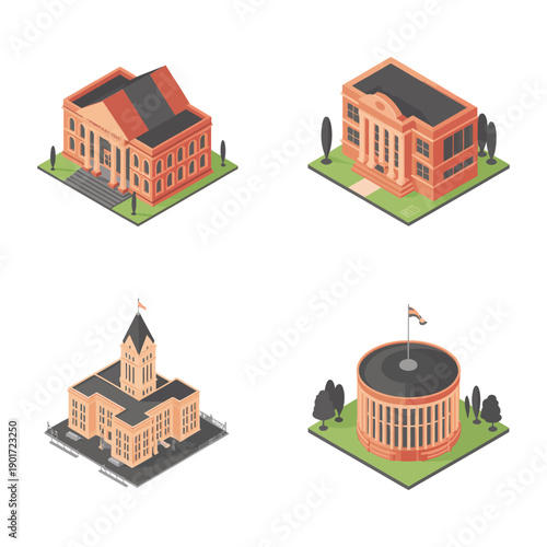 Civic architecture icon set, courthouse, city hall, chapel, round stadium, urban planning expo branding, heritage tour session vector illustration
