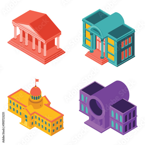 Government institution architecture set, courthouse with columns, city office, archival hall, civic event signage, public service fair session vector