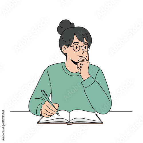 A cartoon woman writes in a book while deep in thought