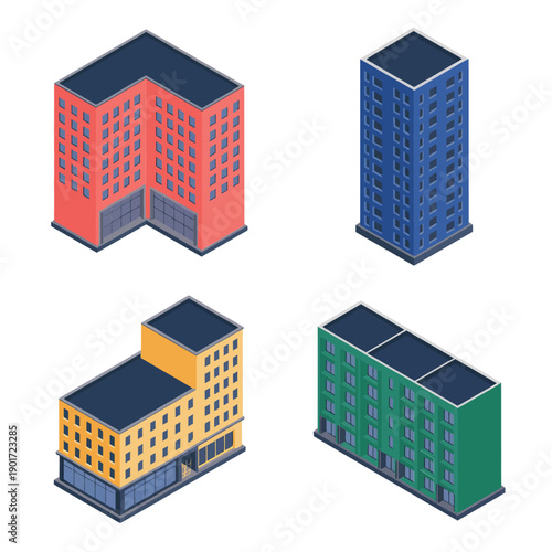 Urban apartment tower icons, residential high rise blocks, real estate expo graphics, property showcase flyer, open house session vector