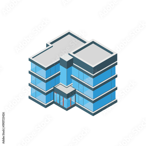 Modern glass office building isometric icon, multi story corporate headquarters with terraces, contemporary architecture for real estate, city map design