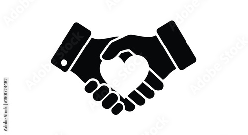 Black and white graphic icon illustrating a supportive handshake featuring a central heart symbol representing care and unity