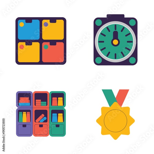 School lockers stopwatch and medal icons for field day schedule poster, student awards ceremony session, campus activities fair vector