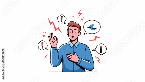 A man with hand on heart and upraised hand surrounded by thought bubbles