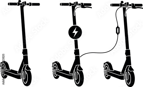 Set of Electric Kick Scooter Silhouettes with Charging Cable and Power Symbol Vector Illustration