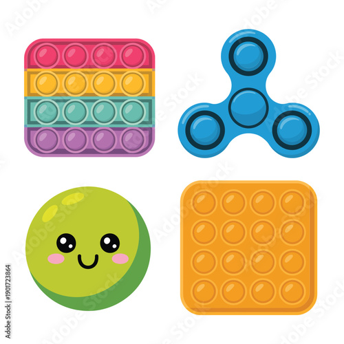 Fidget spinner and rainbow pop it toys pack for sensory play workshop, occupational therapy session, classroom calming toolkit vector