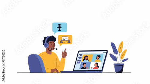 A man in a headset interacts with people on a laptop