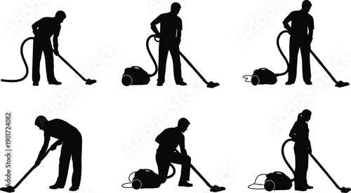 Silhouette set of people using vacuum cleaners for professional house cleaning service, janitors working, domestic chores and industrial hygiene vector illustration collection
