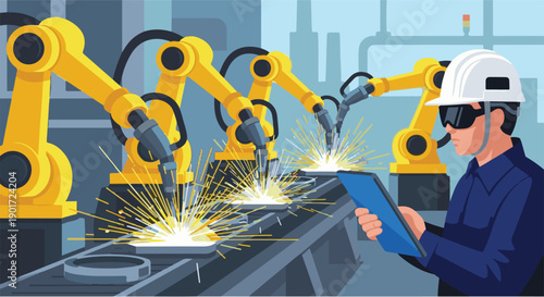 Engineer oversees advanced robotic welding line, symbolizing modern industrial automation and smart manufacturing processes in a high-tech factory setting