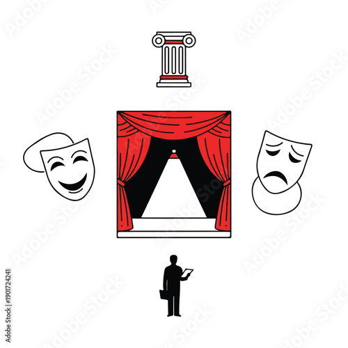 A theater stage with comedy and tragedy masks