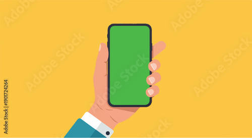Hand holding a smartphone with a green screen, perfect for displaying custom content or app interfaces