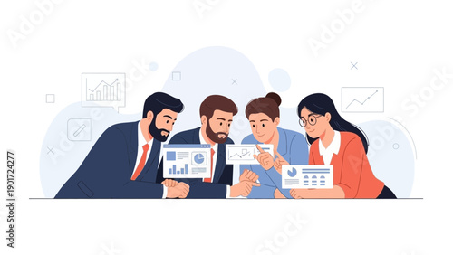 Diverse team analyzing data on laptops and tablets, business strategy meeting