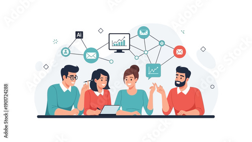 Diverse team collaborating on digital strategy with AI and data analytics