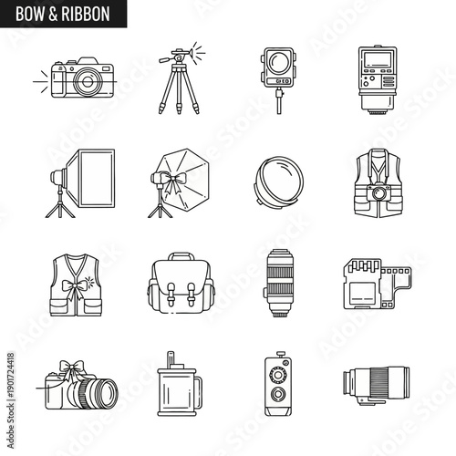 Photography Equipment Icons Set in Black White.