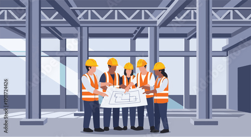 Professional construction team collaborating on project blueprints inside an unfinished building structure, planning development with hard hats and safety vests
