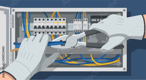 Hands in protective gloves performing electrical work, connecting wires inside a circuit breaker panel during installation, repair, or routine maintenance of power systems