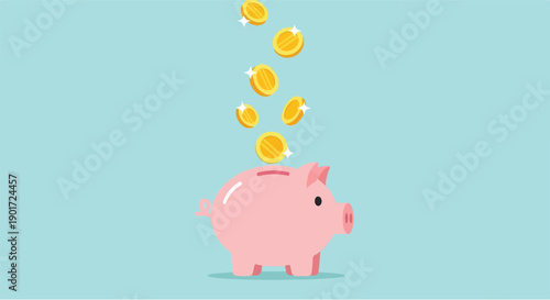 A pink piggy bank with gold coins falling into it against a light blue background, symbolizing savings and financial growth