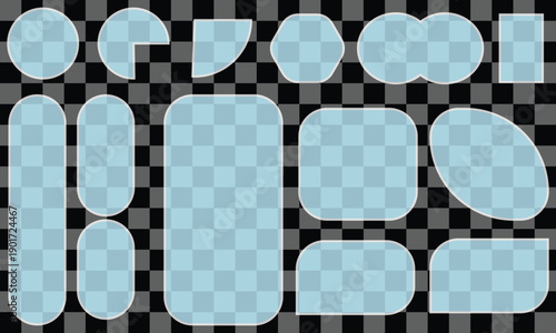 Sky Blue liquid glass smartphone, web interface isolated. Pink Ui light frame square and circle banner with shine stroke. Vector illustration.