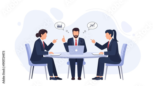 Business meeting illustration with three people discussing charts on laptop