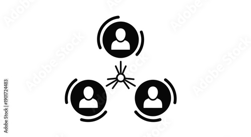 Three stylized user icons connected in a centralized network structure illustrating communication or synchronization across a team framework