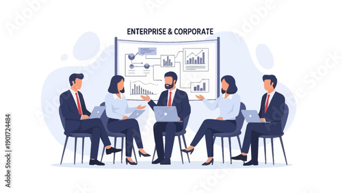 Business Meeting: Corporate Team Discussing Strategy with Presentation Board