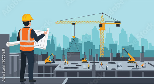 Construction site with cranes, buildings under construction, and workers overseeing blueprints, representing urban development and infrastructure projects