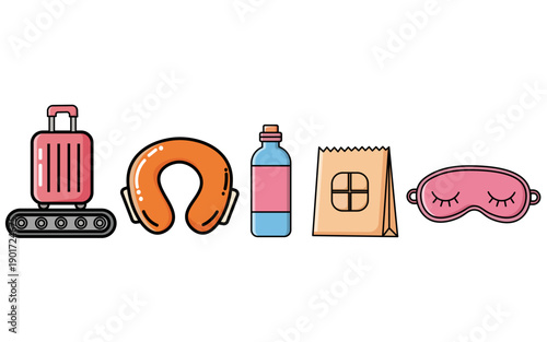Travel Essentials Icons Set Suitcase Pillow Snack Mask Vector