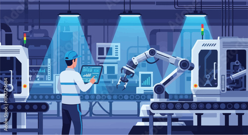Robotic arm working on assembly line in a futuristic smart factory with a technician overseeing operations on a tablet