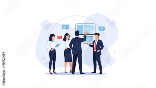 Business Team Collaborating on Digital Strategy with Interactive Screens