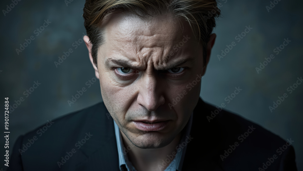 Obraz premium Angry man portrait closeup furrowed brow intense glare