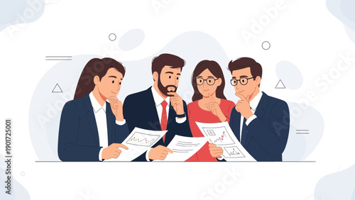 Business team meeting, analyzing charts and documents, collaboration concept